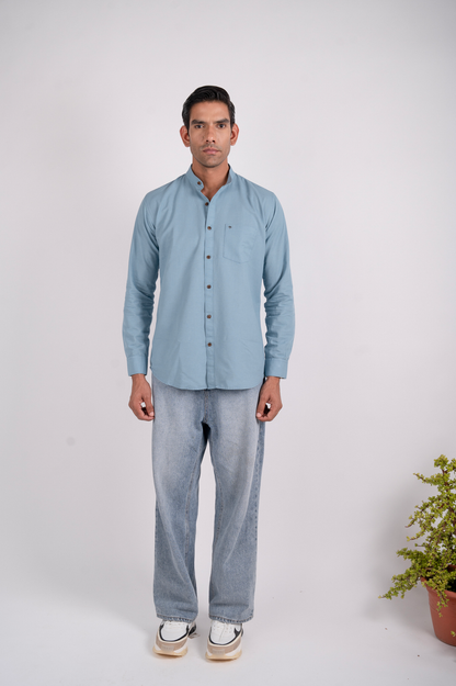 Sea Blue Solid Shirt Mandarin Collar