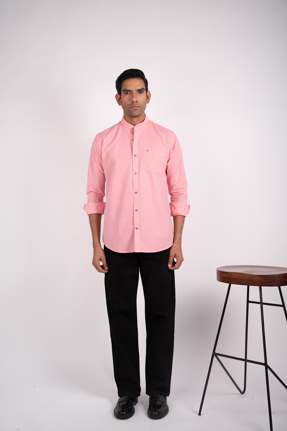 Rosy Pink Solid Mandarin Collar Shirt