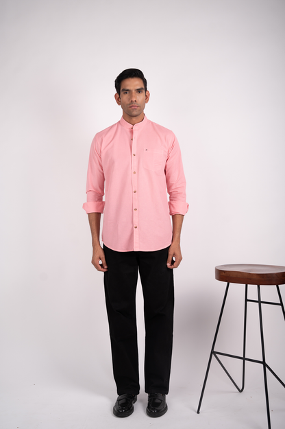 Rosy Pink Solid Mandarin Collar Shirt