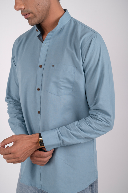 Sea Blue Solid Shirt Mandarin Collar