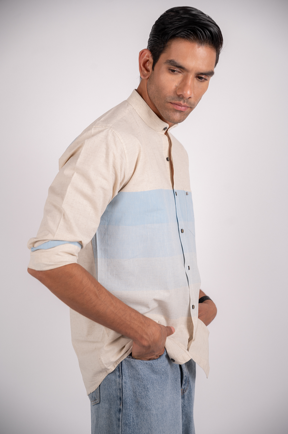 Fusion Light Blue Mandarin Collar Shirt