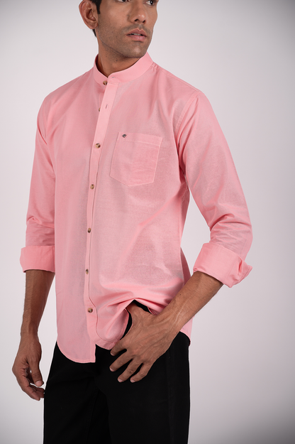 Rosy Pink Solid Mandarin Collar Shirt