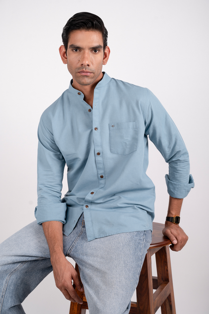 Sea Blue Solid Shirt Mandarin Collar