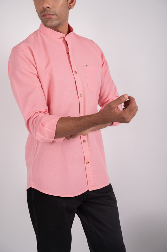 Rosy Pink Solid Mandarin Collar Shirt