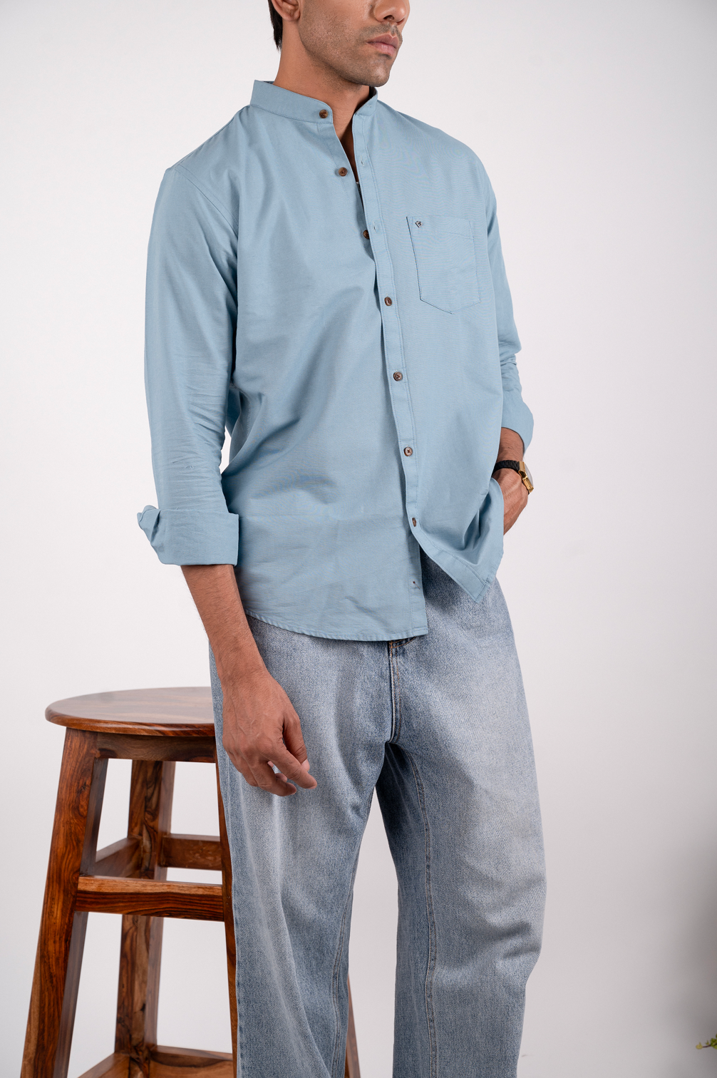 Sea Blue Solid Shirt Mandarin Collar