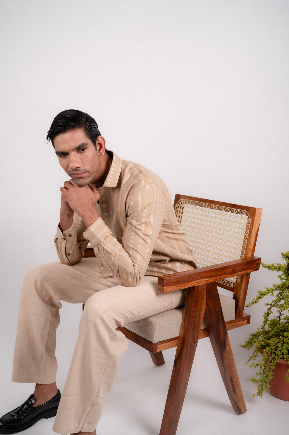 Ivory Beige Shirt with White Stripes