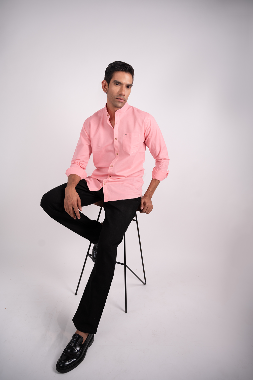 Rosy Pink Solid Mandarin Collar Shirt