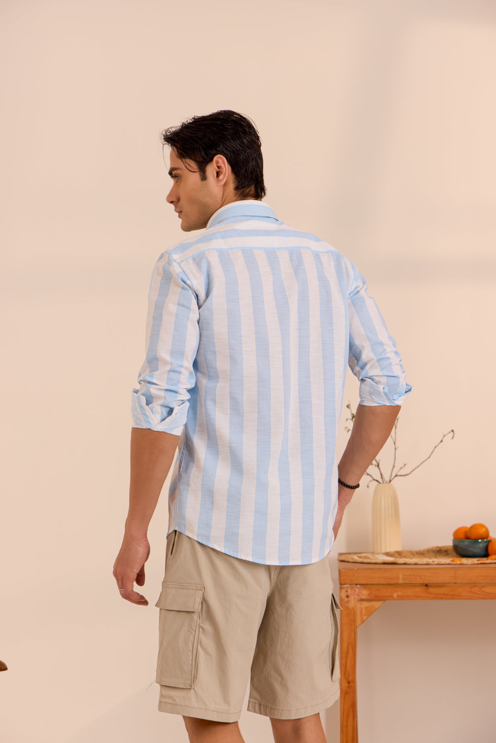 Casual White Shirt with Maya Blue Stripes