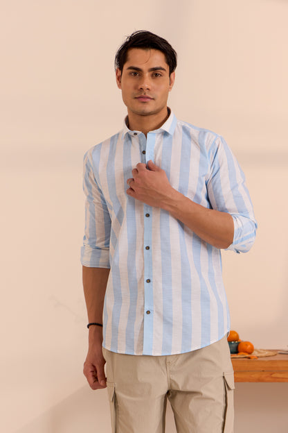 Casual White Shirt with Maya Blue Stripes