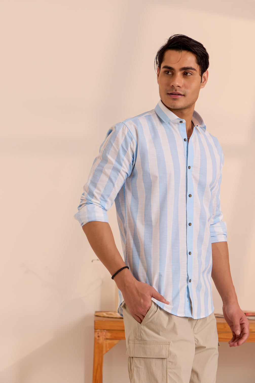 Casual White Shirt with Maya Blue Stripes