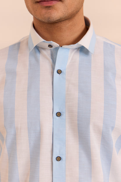 Casual White Shirt with Maya Blue Stripes