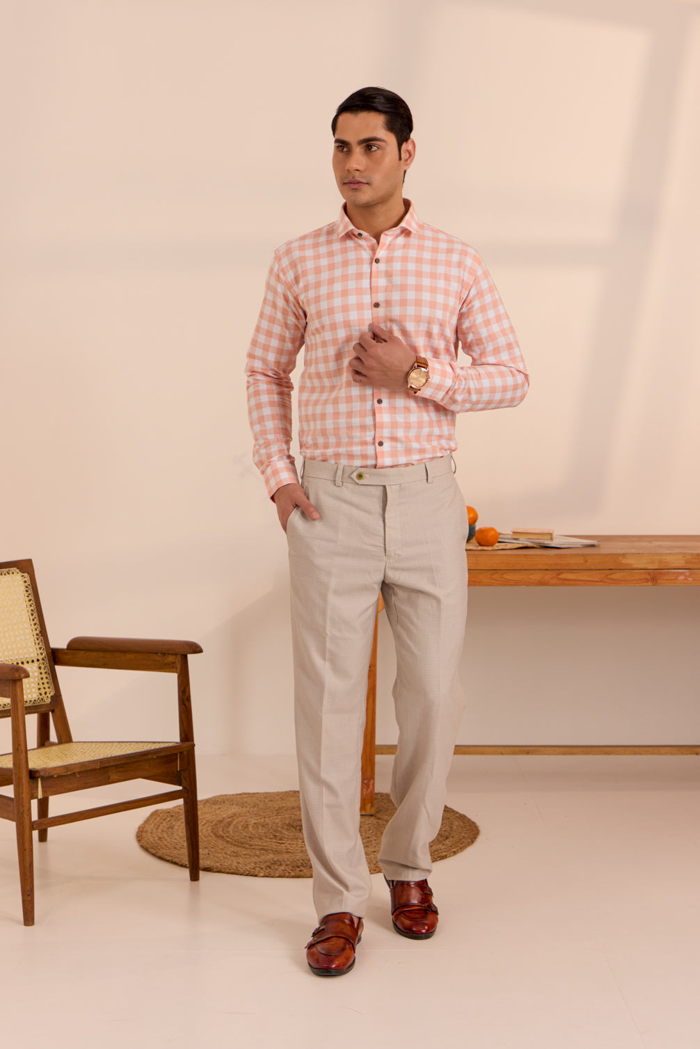 Sunset Salmon Checkered Delight Shirt