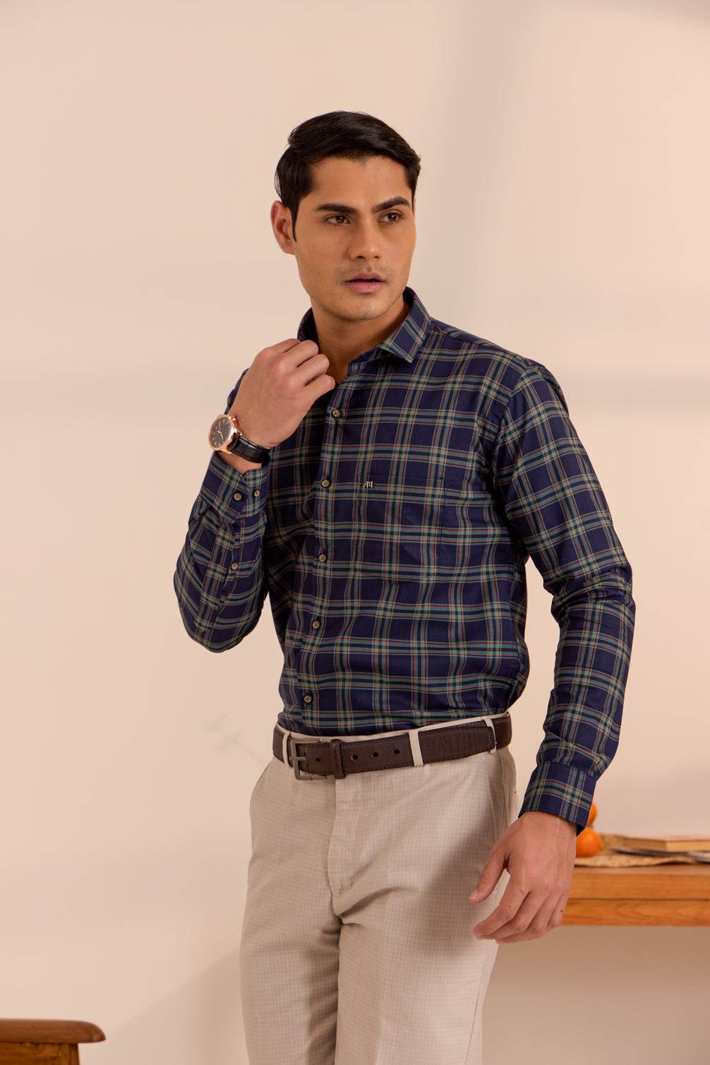 Midnight Navy Checkered Cotton Shirt