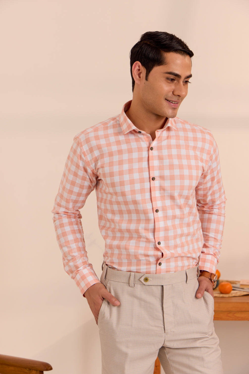 Sunset Salmon Checkered Delight Shirt