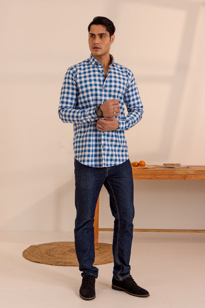 Cerulean Blue Checkered Comfort Shirt