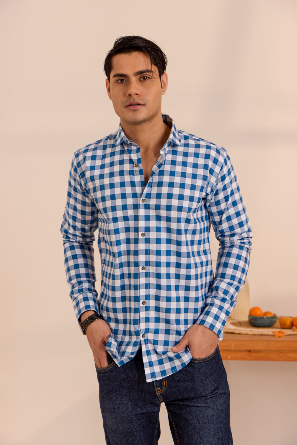 Cerulean Blue Checkered Comfort Shirt