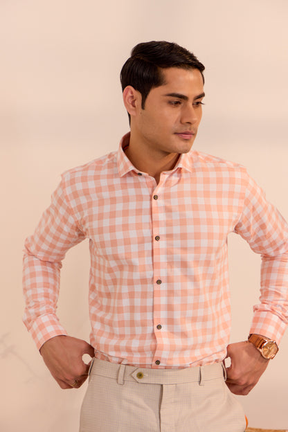 Sunset Salmon Checkered Delight Shirt